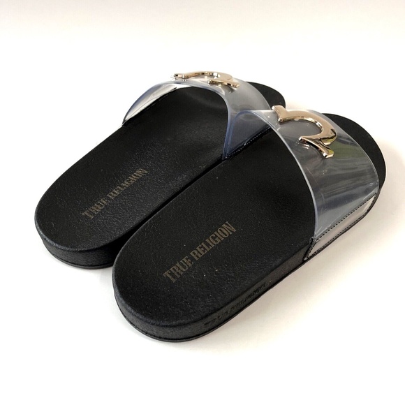NWOB True Religion Elle Clear Slide Sandals Black Gold Logo - Picture 5 of 8
